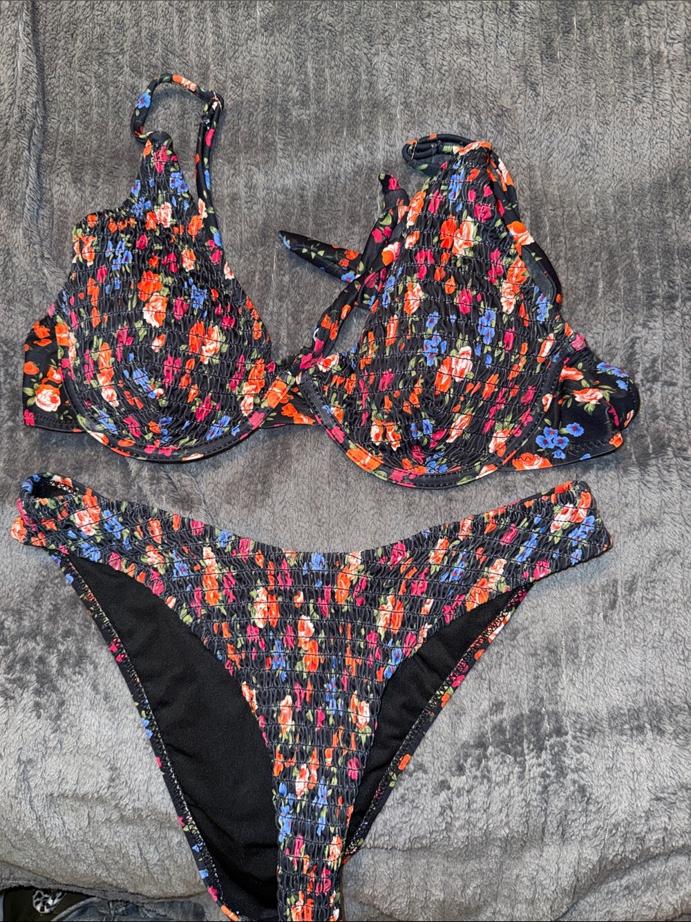 Floral Smocked Bikini Set - Black with Red & Blue Flowers